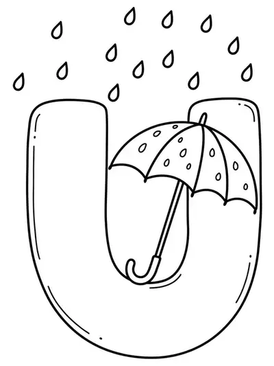 Large letter U with a simple umbrella and falling raindrops for coloring.