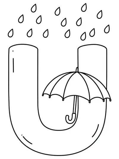 Big letter U with a simple umbrella and raindrops for coloring.