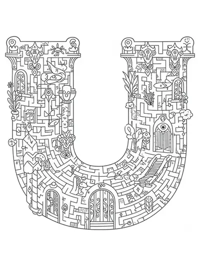 Letter U centered in a detailed labyrinth with twisting paths and ornamental gates.