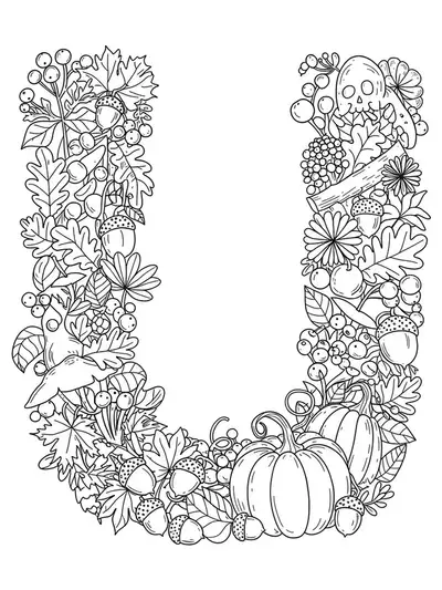 Letter U surrounded by autumn leaves, acorns, pumpkins, and fall scenery for coloring.