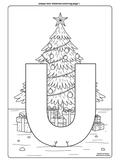 Coloring page with letter U under a Christmas tree with presents for young children.
