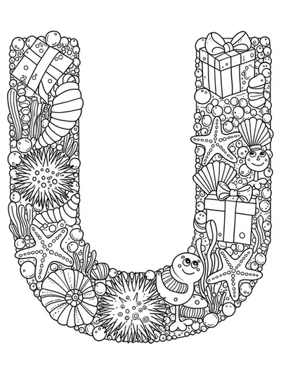 Letter U decorated with holiday ornaments, sea urchins, starfish, and festive elements for coloring.
