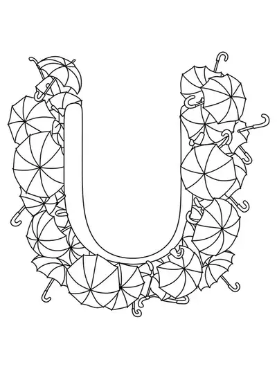 Letter U with a parade of easy-outlined umbrellas around it on a simple coloring page.