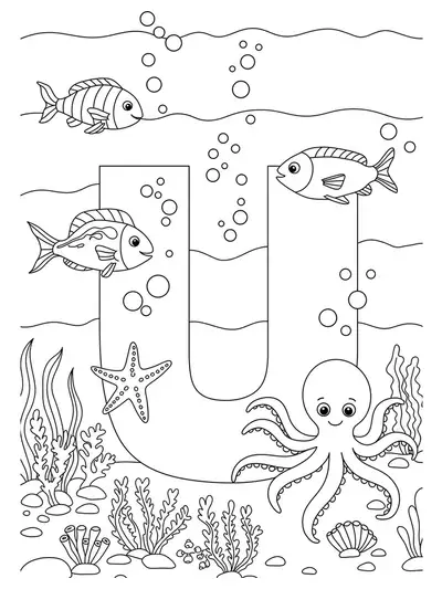 Simple underwater scene with a large letter U, fish, seaweed, and an octopus to color.