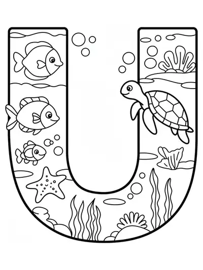 Large letter U with simple fish, sea turtle, and seaweed outlines for preschool coloring.