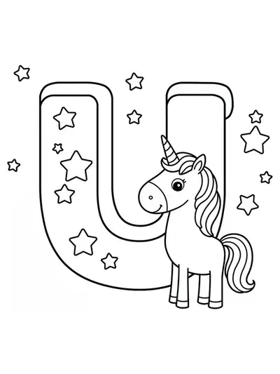 Black and white unicorn and large letter U with stars, for children to color.