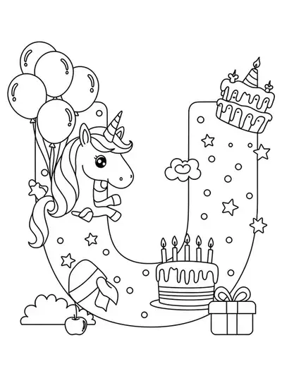 Large letter U with a unicorn, birthday cake, and balloons for preschool coloring.