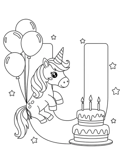Large letter U with a unicorn, party hat, balloons, and simple birthday cake to color.