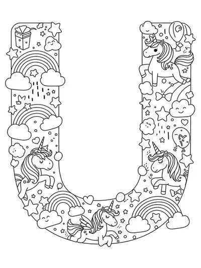 Letter U with unicorns, rainbows, and stars in a fantasy festival scene for coloring.