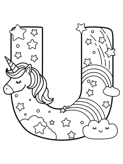 Large letter U with a simple unicorn, rainbow, and stars around it for easy coloring.