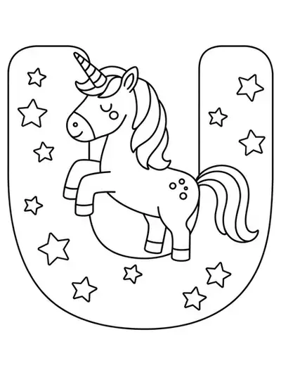 Simple letter U with a unicorn and stars for preschool children to color.