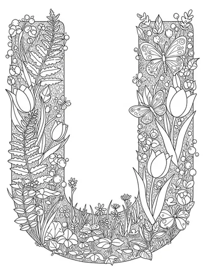 Letter U surrounded by upright ferns, tulips, butterflies, and garden elements for coloring.