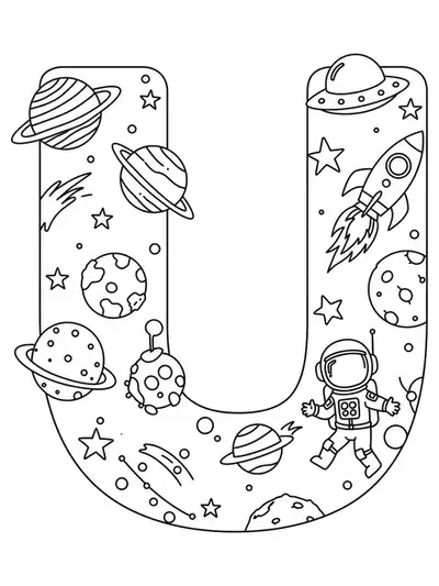 Letter U with planets, stars, UFO, rocket, and an astronaut in space for coloring.