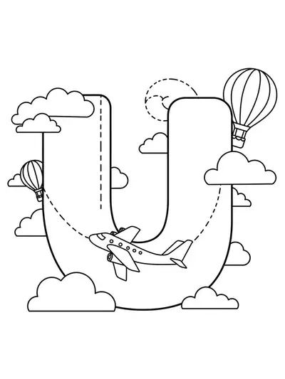 Large letter U with an airplane, hot air balloon, and clouds for an easy coloring activity.