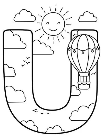Big letter U with clouds, sun, and a hot air balloon for kids to color.