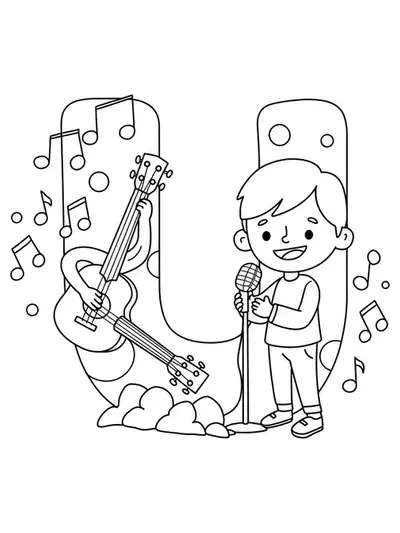 Large letter U with simple ukulele, music notes, and a cartoon singer for coloring.