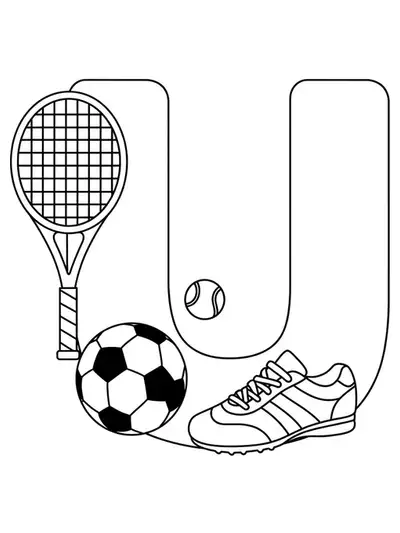 Large letter U with a soccer ball, tennis racket, and running shoe for sports-themed coloring.