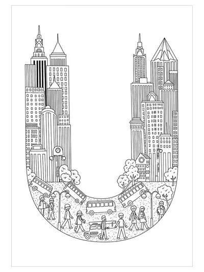 Letter U surrounded by city buildings, taxis, buses, and people walking in an urban scene for coloring.