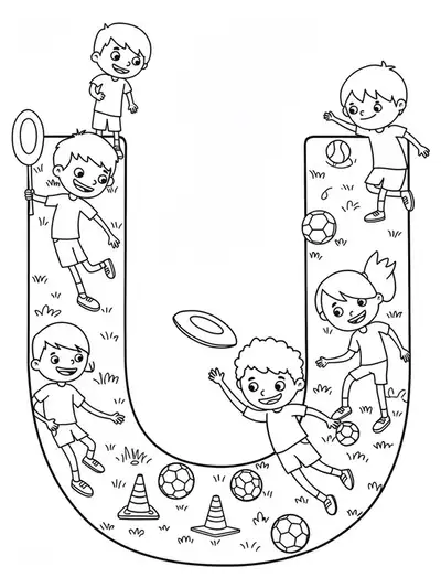 Letter U with children playing ultimate frisbee, soccer, and other sports for coloring.
