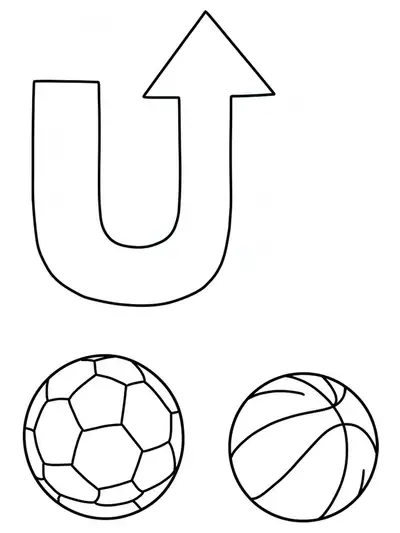 Large letter U with an upward arrow, soccer ball, and basketball for kids to color.