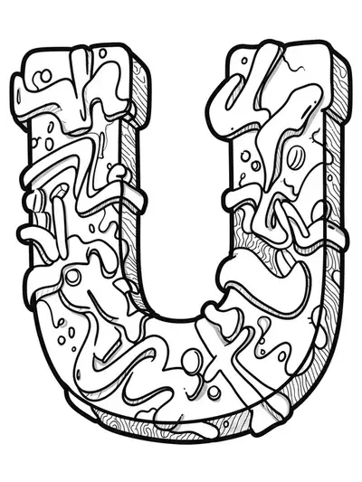 Intricate graffiti art coloring page with letter U, abstract shapes, and street art motifs.
