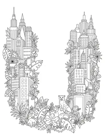 Detailed letter U coloring page with skyscrapers, vines, leaves, and hidden animals.