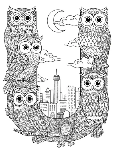 Letter U with detailed owls, city skyline, clouds, and night elements.