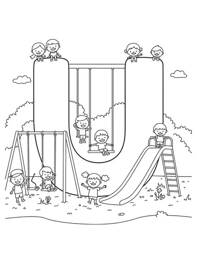 Large letter U with swings, slide, and children playing for coloring.