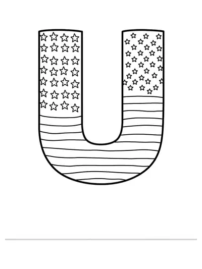 Large letter U with stars, stripes, and an American flag for easy coloring.