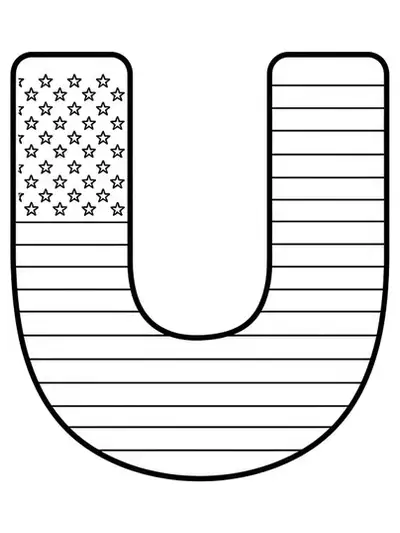 Large letter U with a basic USA flag outline for preschool coloring.
