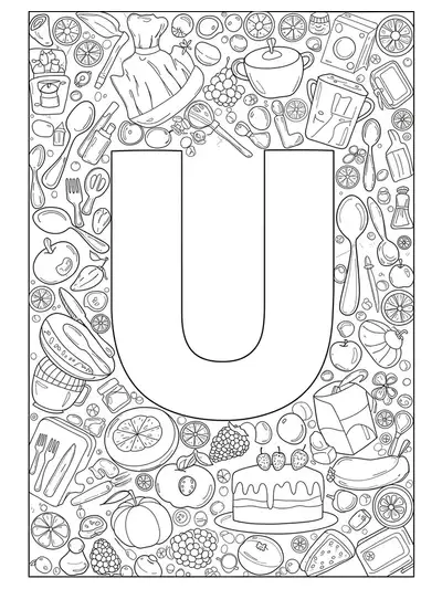 Letter U with utensils, unique foods like upside-down cake and ugli fruit, and kitchen items for coloring.