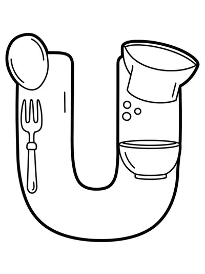 Large letter U with a spoon, fork, and mixing bowl for easy kitchen-themed coloring.
