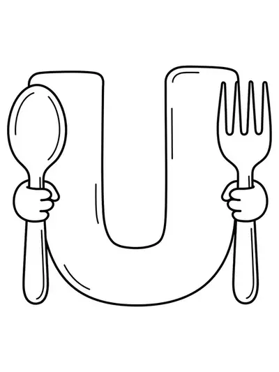 Large letter U with simple spoon and fork outlines for preschool coloring.