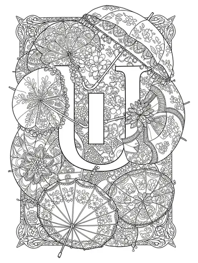 Letter U with intricate vintage umbrellas, lace, and floral patterns.