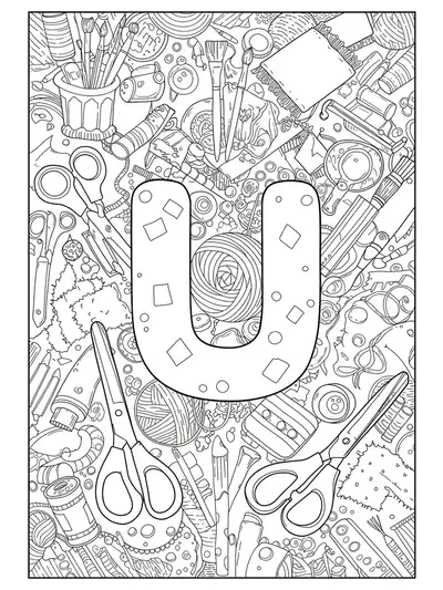 Letter U surrounded by simple outlines of craft supplies like scissors, yarn, and fabric in an easy coloring page.
