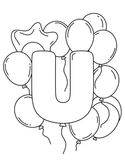Letter U with simple, floating balloon outlines in a festive, easy coloring page for adults.