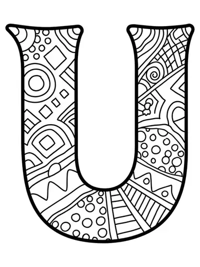 Letter U decorated with large, easy-to-color geometric shapes in a simple, modern coloring page.