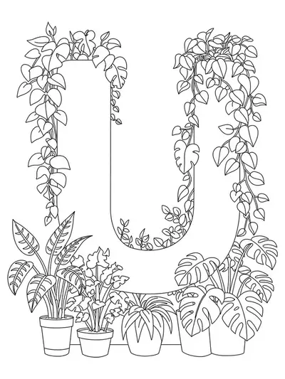 Letter U outlined with simple potted plants and leaves in a clean, easy coloring page design.