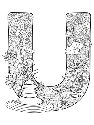 Letter U coloring page with raked sand, rocks, lotus flowers, and pebbles in zen garden style.