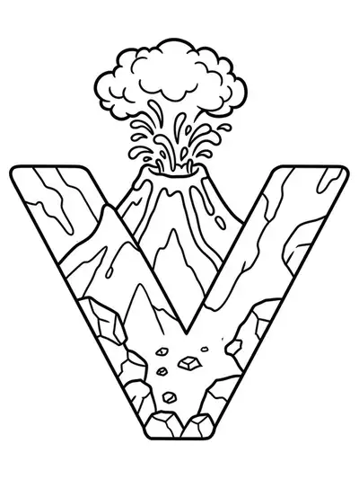 Outline drawing of the letter V next to a volcano with lava, smoke, and rocks, medium detail for elementary children.