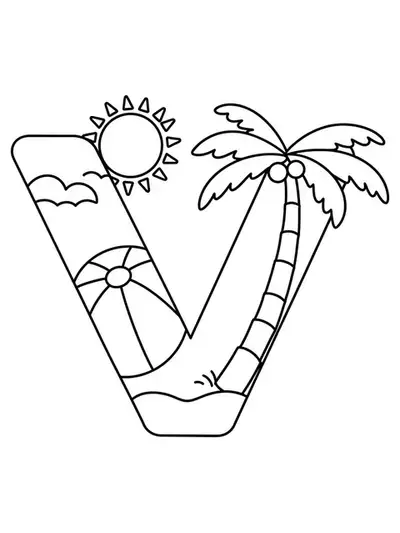 Large letter V with beach ball, sun, and palm tree for preschool coloring.