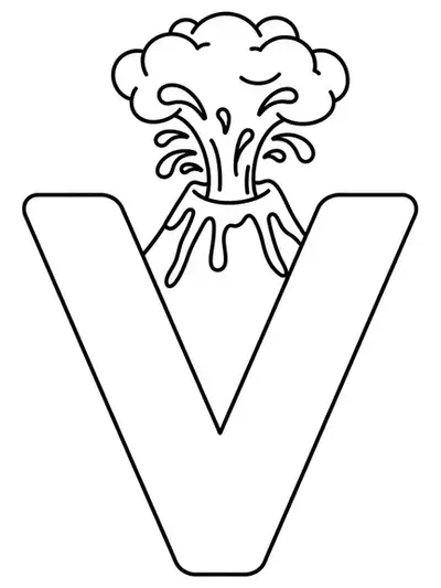 Large letter V with a simple erupting volcano for preschool coloring fun.