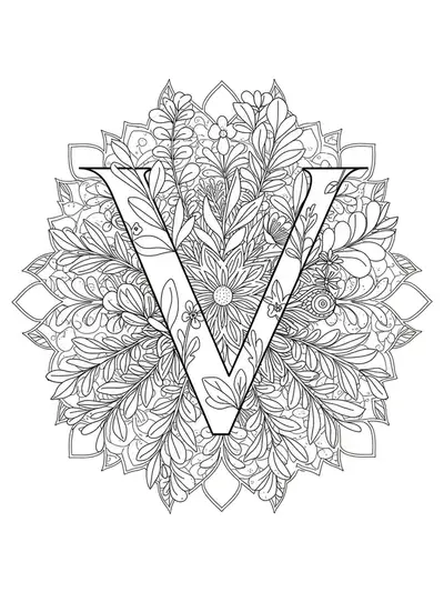 Mandala-style line art with the letter V in the center, surrounded by garden leaves and flowers for adult coloring.