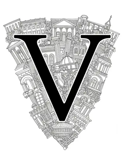 Letter V coloring page with detailed drawings of famous buildings, columns, arches, and windows.