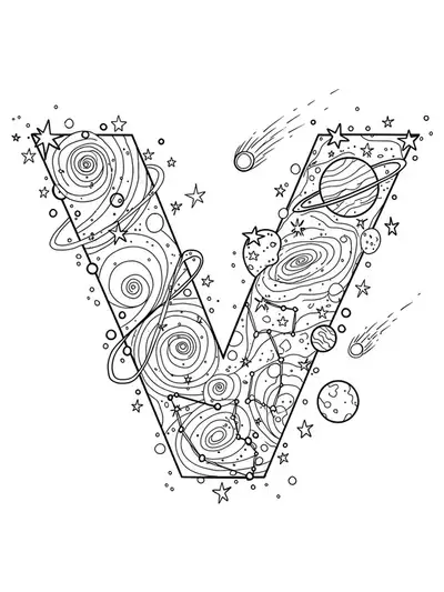 Detailed cosmic galaxy coloring page with the letter V, surrounded by stars, planets, and nebulae.