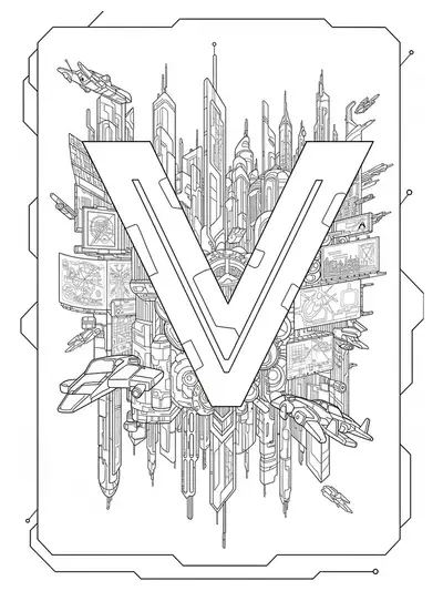 Letter V coloring page with a futuristic cityscape, skyscrapers, flying vehicles, and tech-inspired patterns.