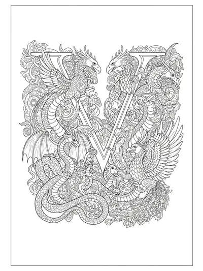 Letter V coloring page surrounded by detailed mythical creatures like dragons, phoenixes, and griffins.