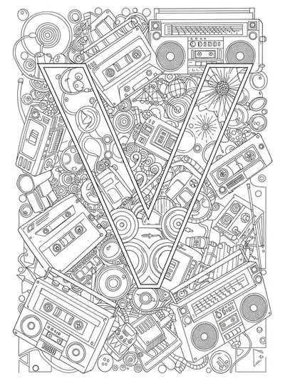 Letter V coloring page featuring retro video cassette tapes, boomboxes, and vintage tech patterns.