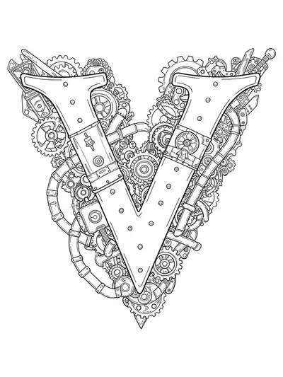 Intricate letter V coloring page with steampunk gears, cogs, pipes, and mechanical details.