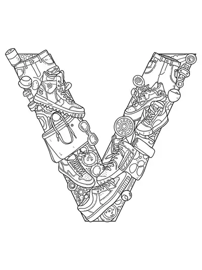Letter V coloring page with detailed drawings of streetwear, shoes, accessories, and bold pattern work.